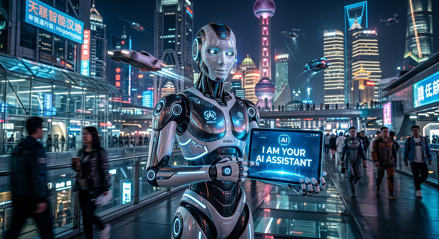 A robot in a futuristic setting holding a tablet with the words "I am your AI assistant"